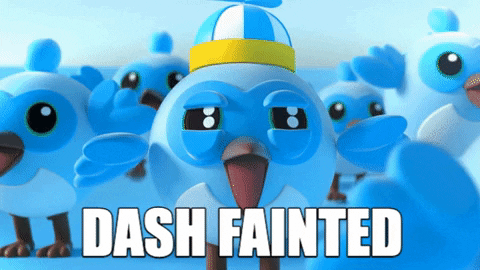 GIF de Dash desmayándose creado para Flutter Engage
