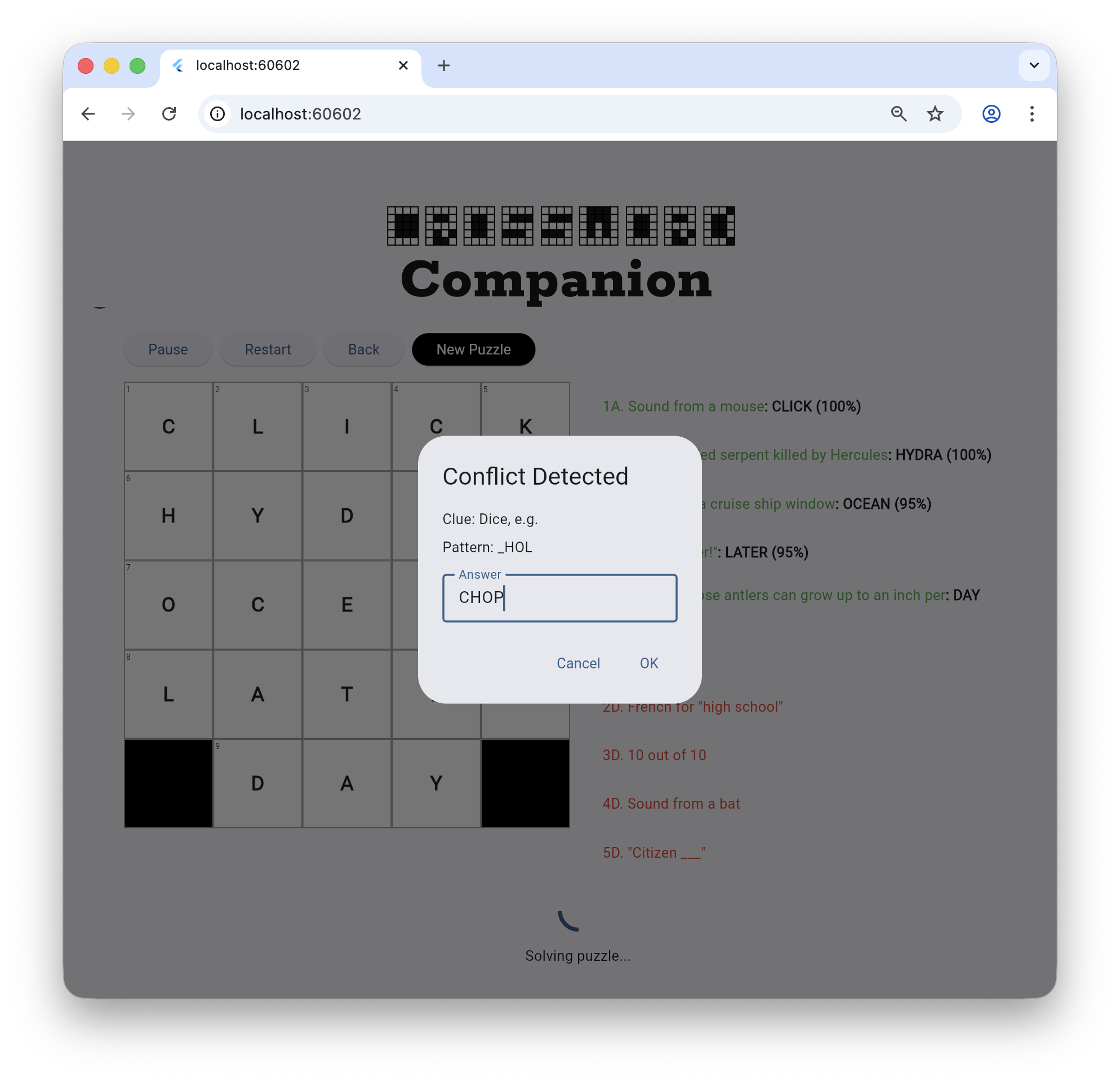 La aplicación Crossword Companion que muestra un diálogo de Conflicto Detectado pidiendo la
entrada del usuario para resolver un patrón de pista