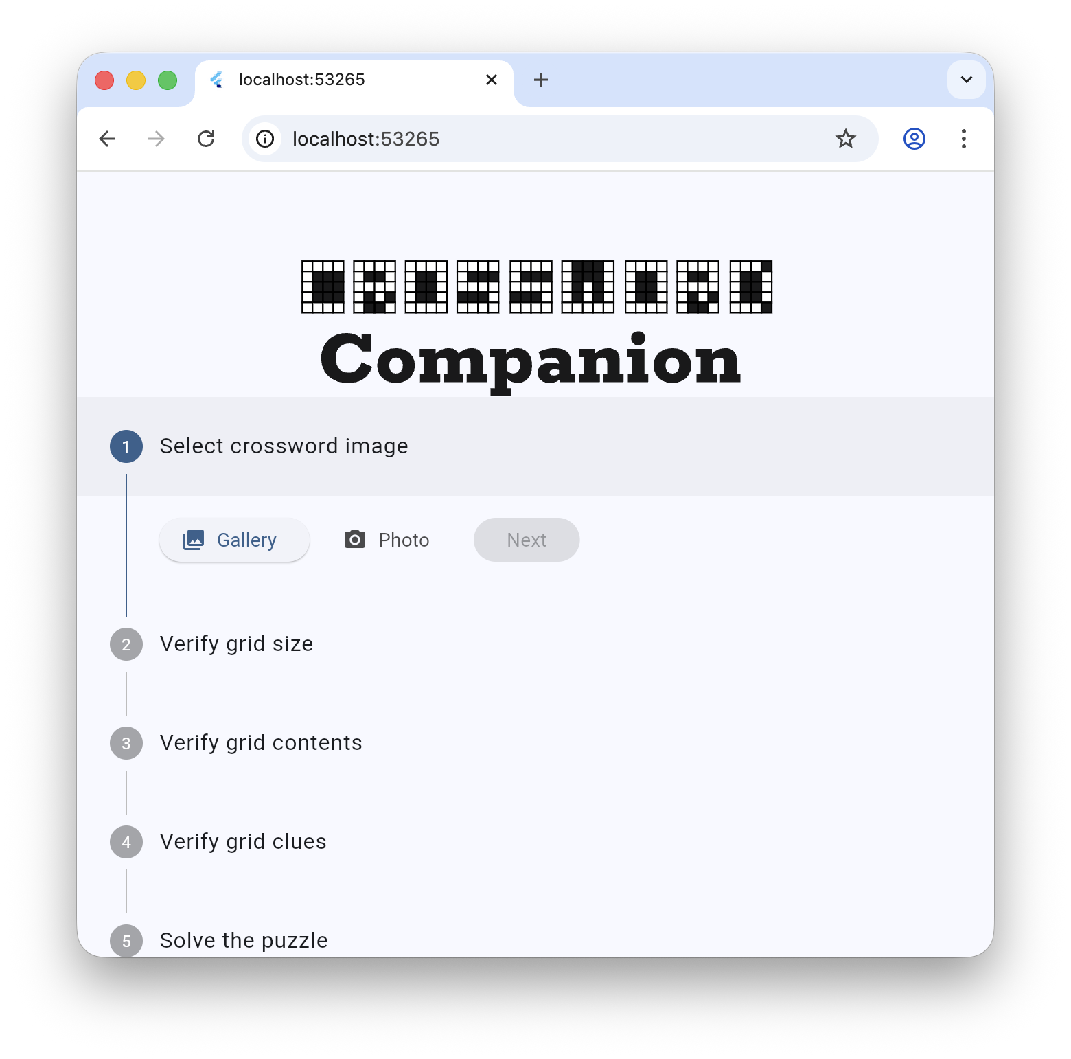 Interfaz de la aplicación Crossword Companion que muestra un proceso de configuración de 5 pasos que comienza
con la selección de una imagen de crucigrama.