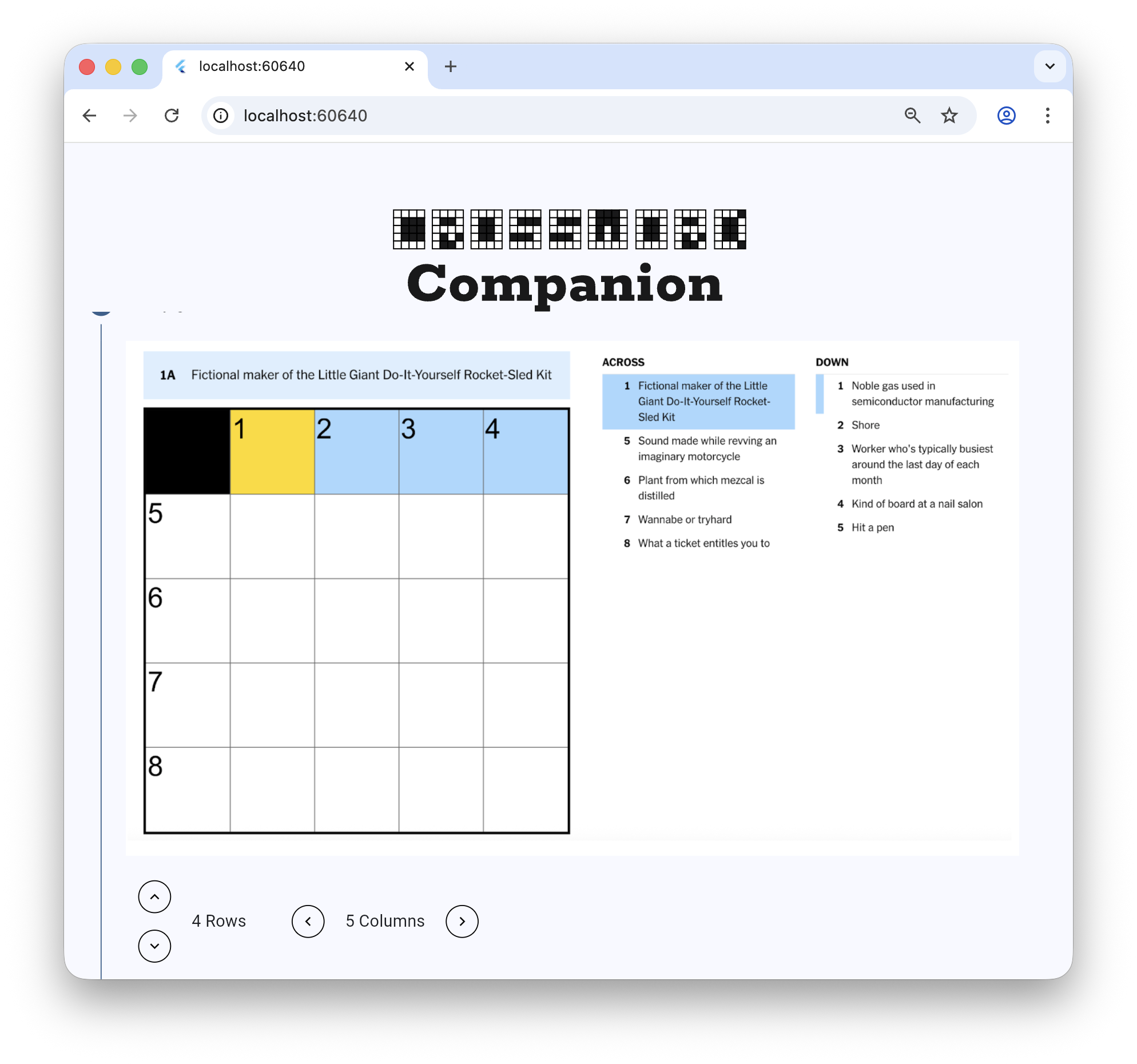 La aplicación Crossword Companion que muestra una cuadrícula de 5x5 con configuraciones que muestran
incorrectamente 4 filas y 5 columnas.
