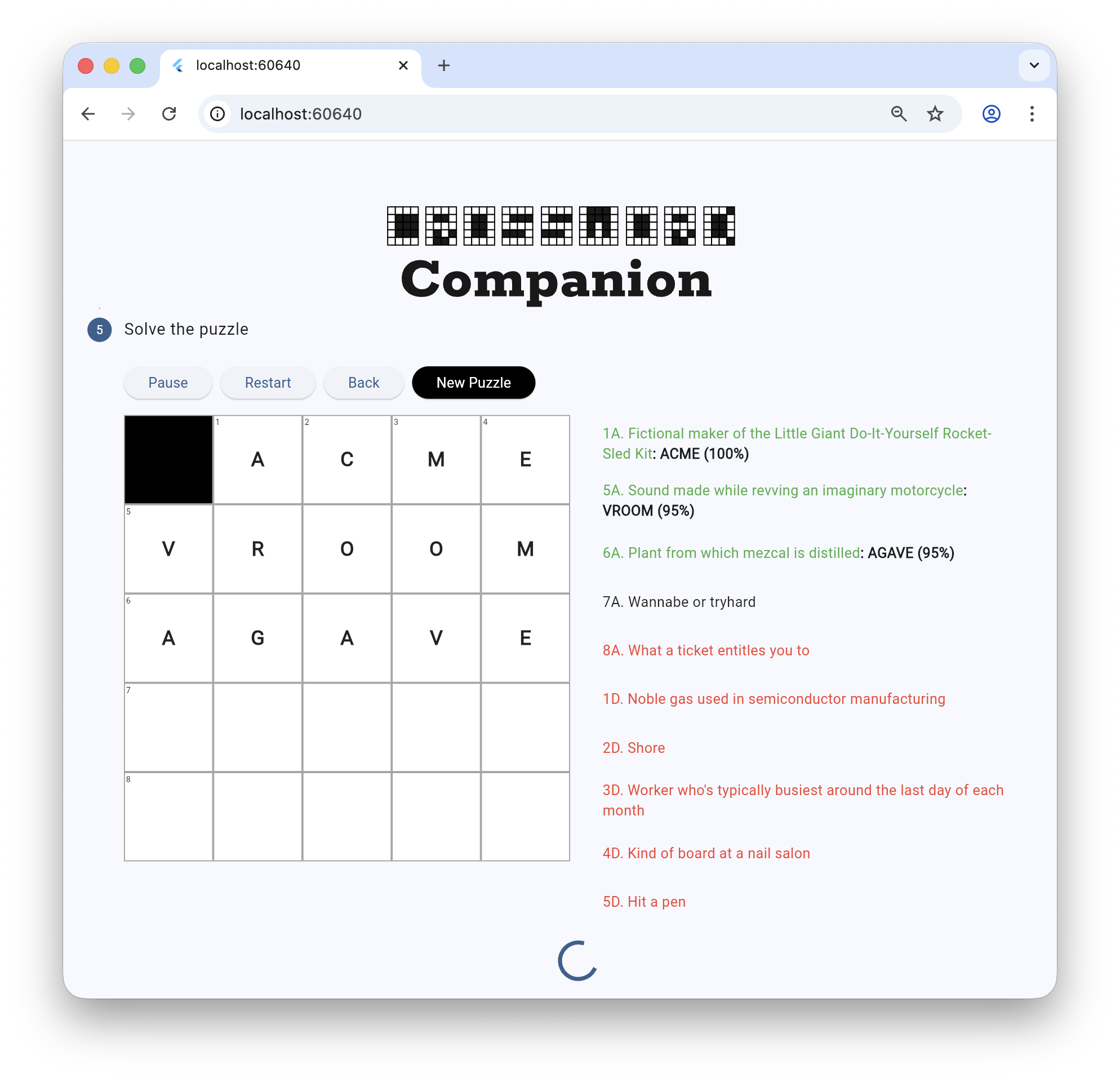 Interfaz de Crossword Companion que muestra una cuadrícula parcialmente resuelta y pistas
con respuestas generadas por IA y puntuaciones de confianza