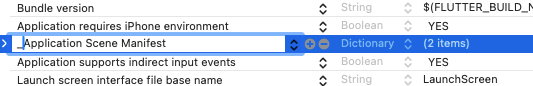 Editor plist de Xcode con un guion bajo delante de Application Scene Manifest