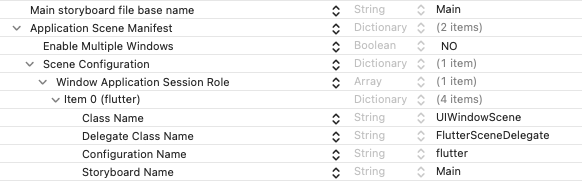Editor plist de Xcode para UIApplicationSceneManifest