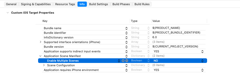Editor plist de Xcode para UIApplicationSceneManifest