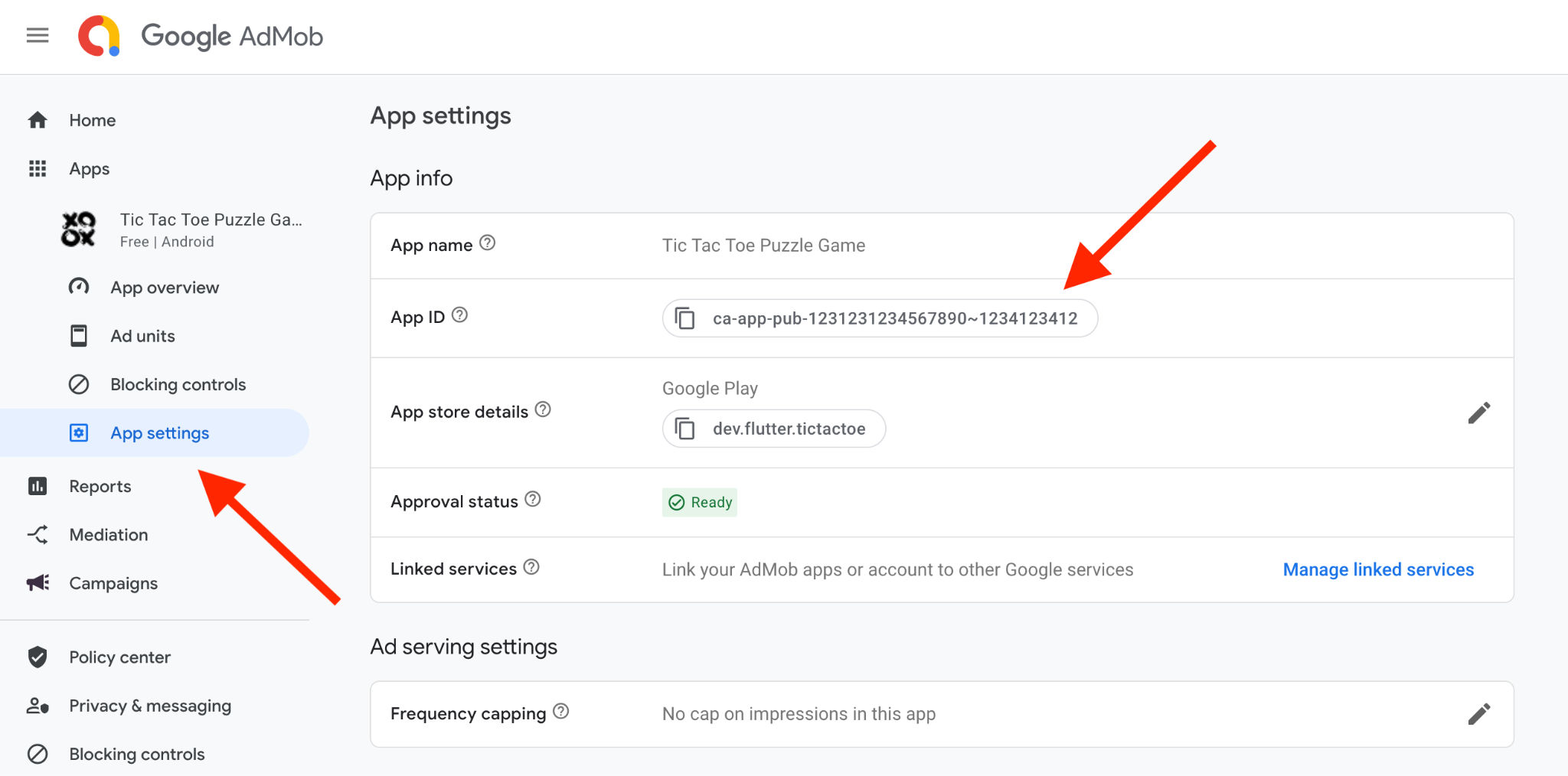 Captura de pantalla de AdMob que muestra la ubicación del ID de aplicación