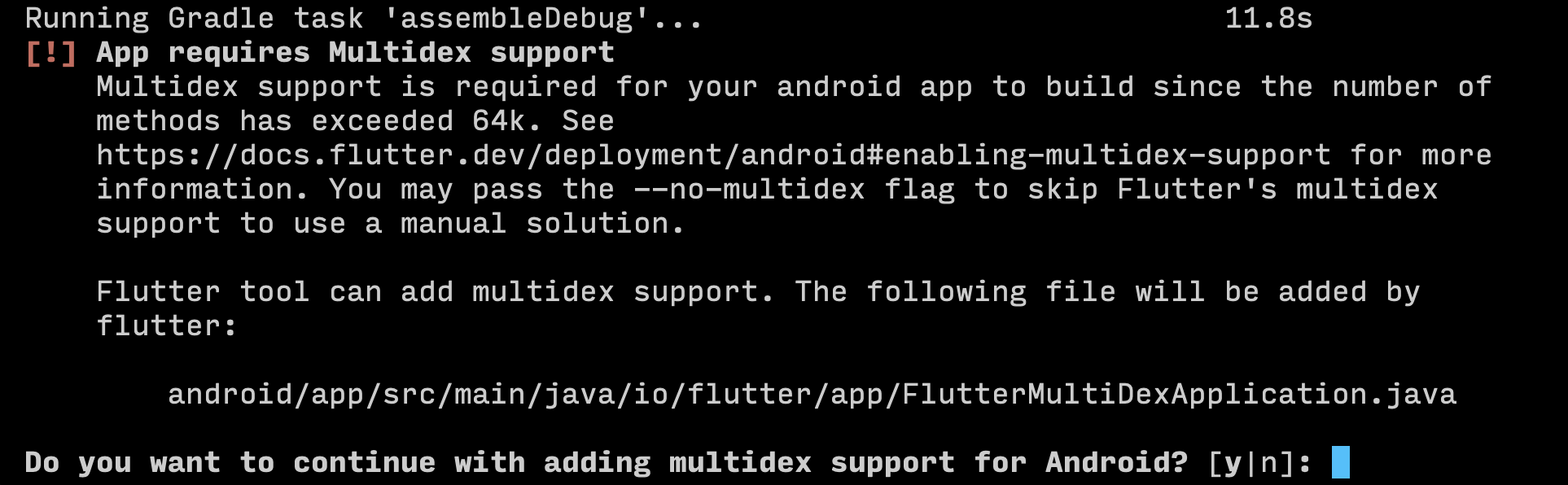 Captura de pantalla de la herramienta flutter preguntando sobre el soporte de multidex