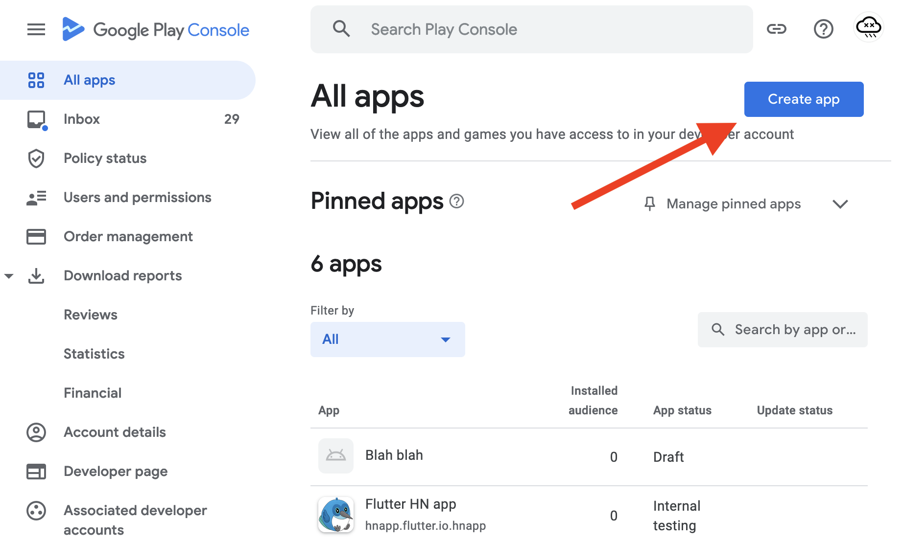 Captura de pantalla del botón 'Crear aplicación' en Google Play Console
