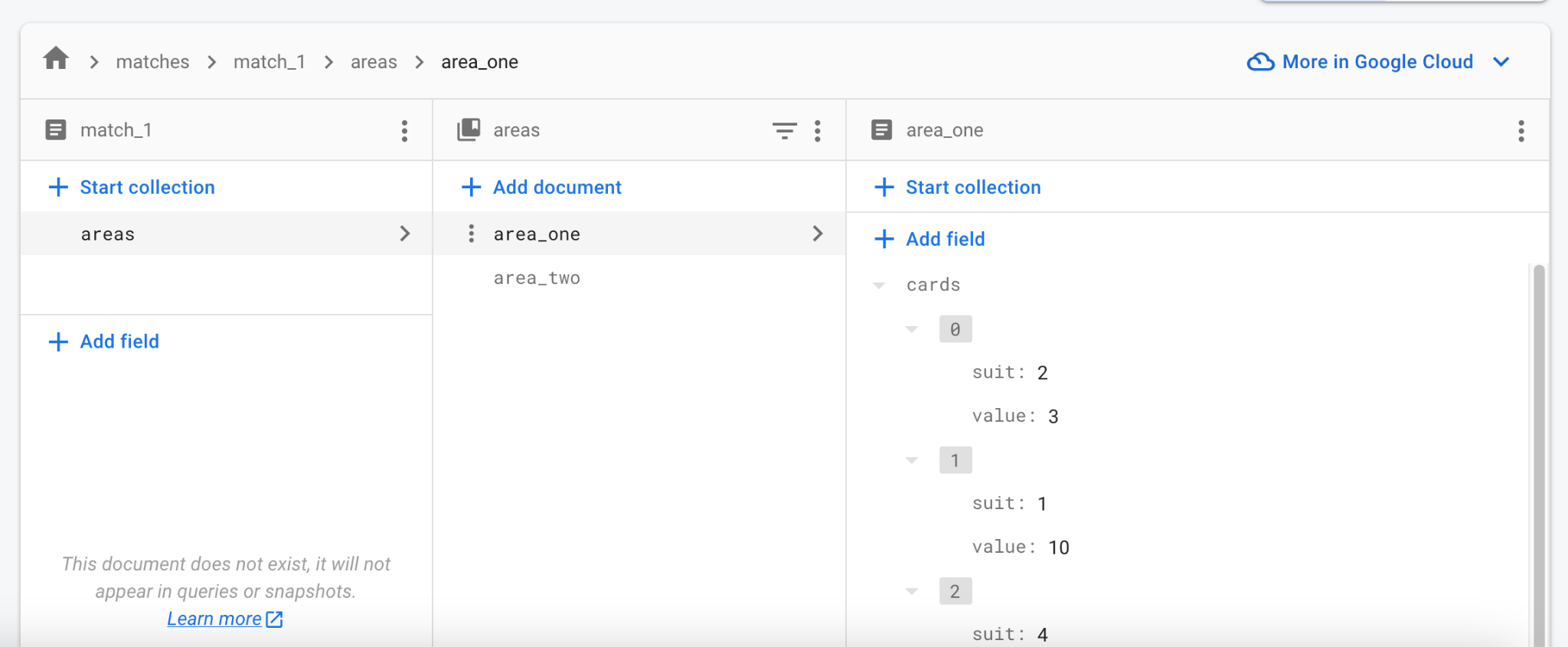 Captura de pantalla de la vista de datos de Firebase Firestore con vista de datos