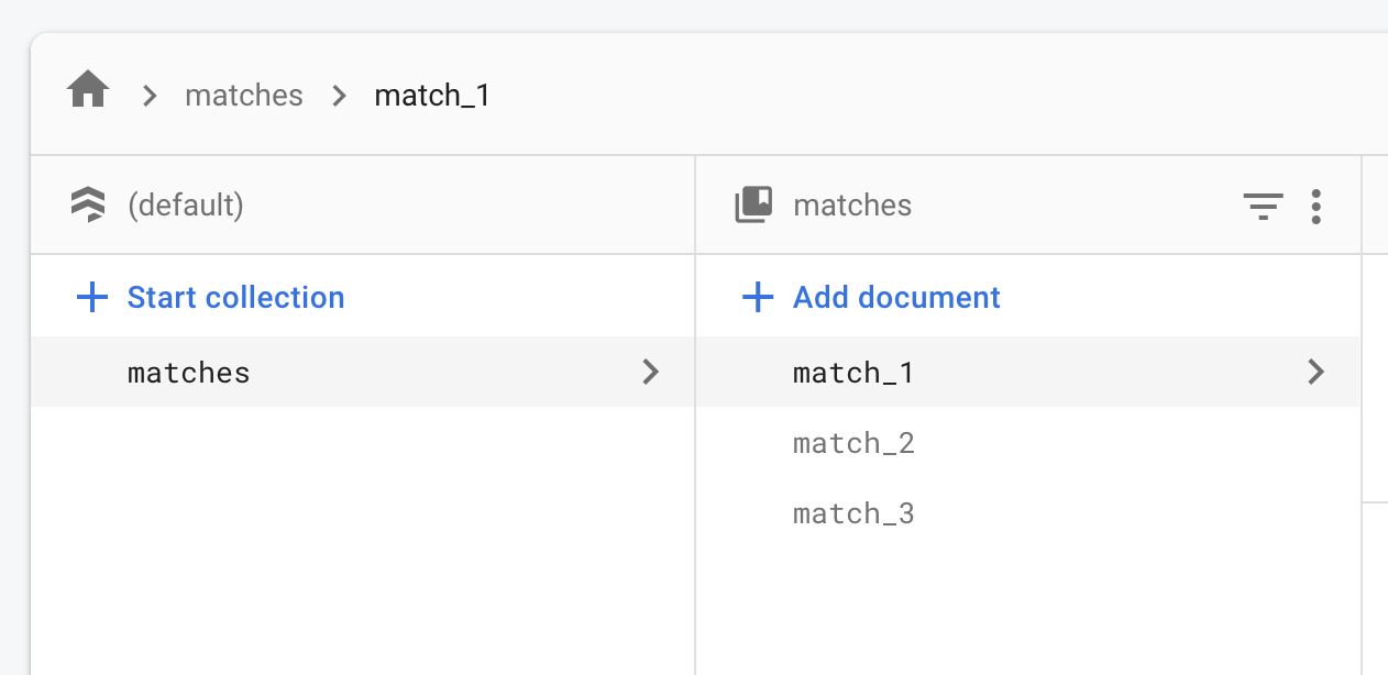 Captura de pantalla de la vista de datos de Firebase Firestore con partidas adicionales