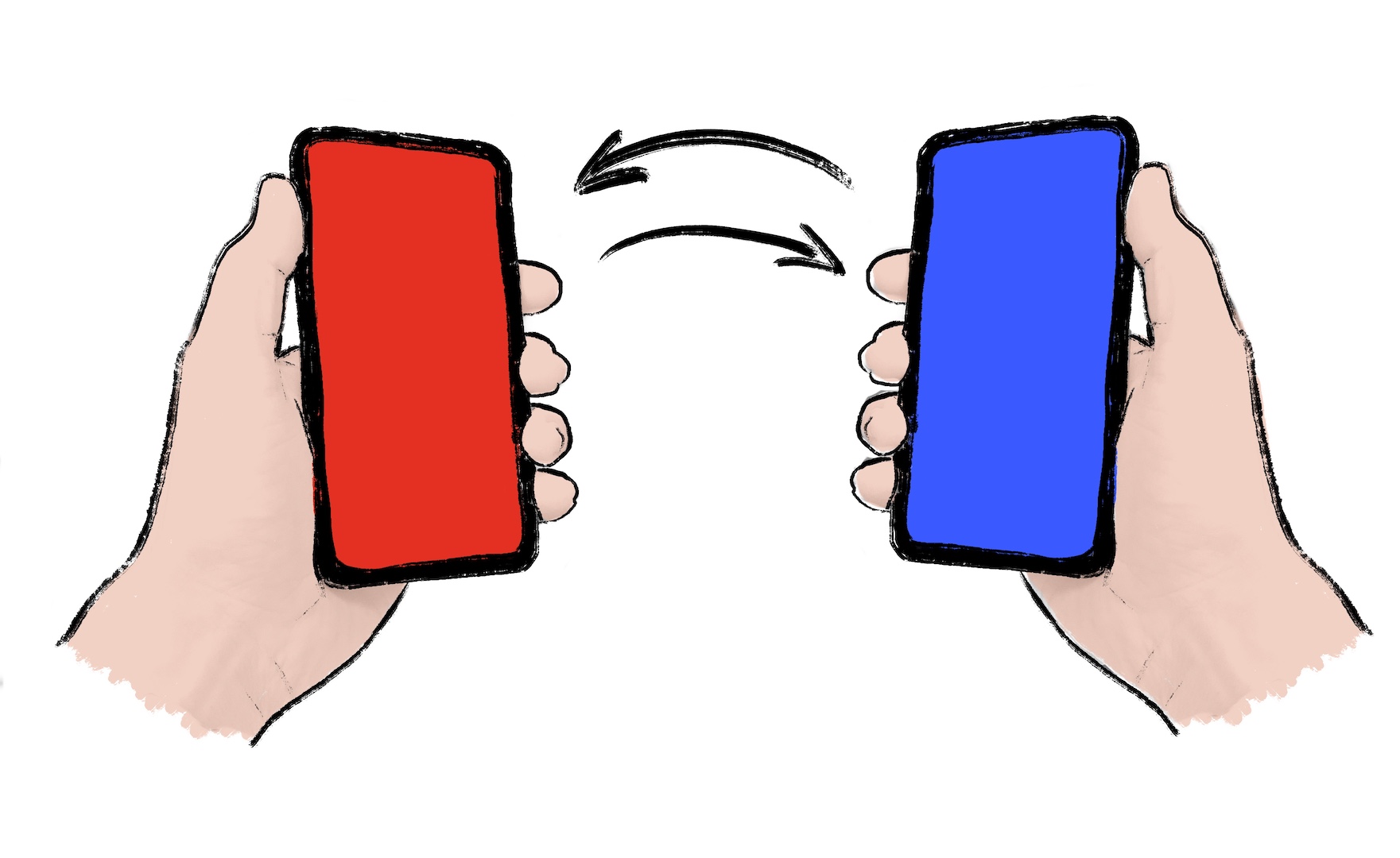 Una ilustración de dos teléfonos móviles y una flecha bidireccional entre ellos