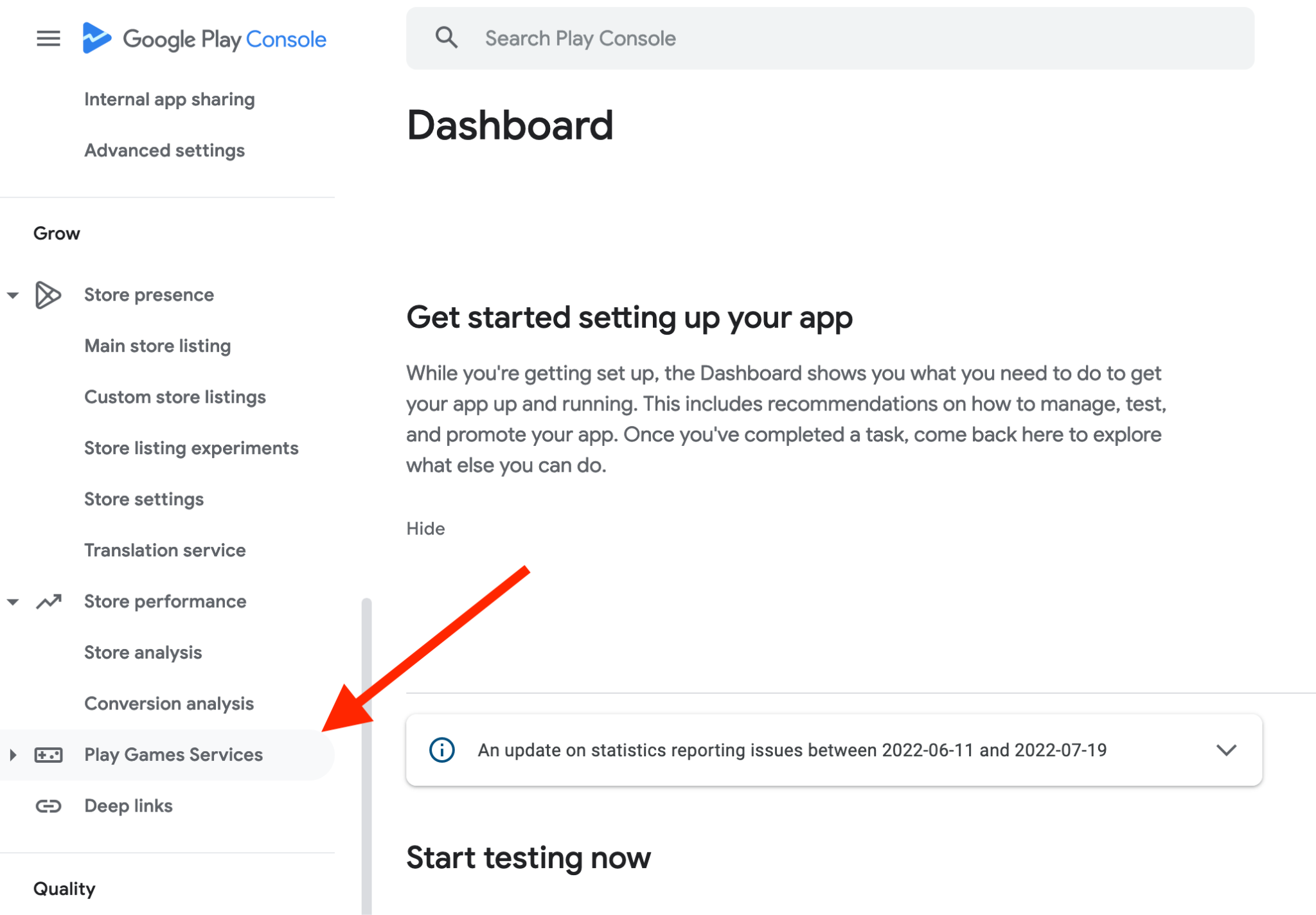 Captura de pantalla que muestra la sección de Servicios de juegos en Google Play Console