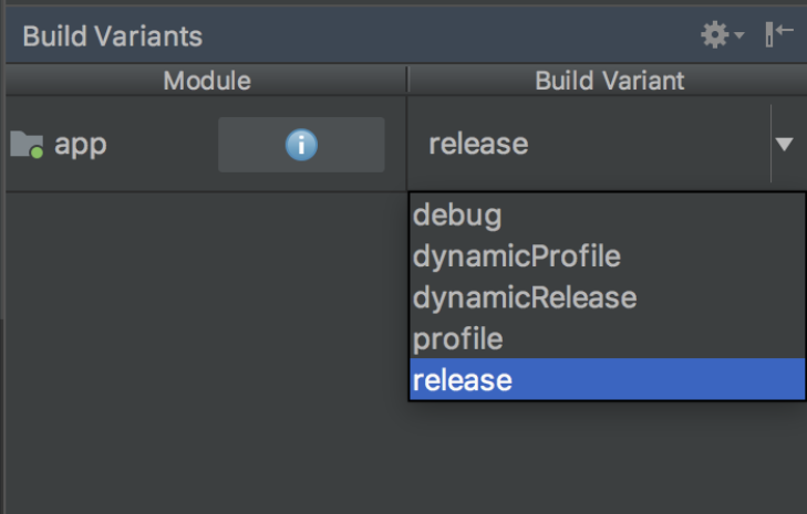 El menú de variante de compilación en Android Studio con Release seleccionado.