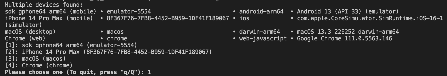 Seleccionar un dispositivo Android con el CLI de Flutter.