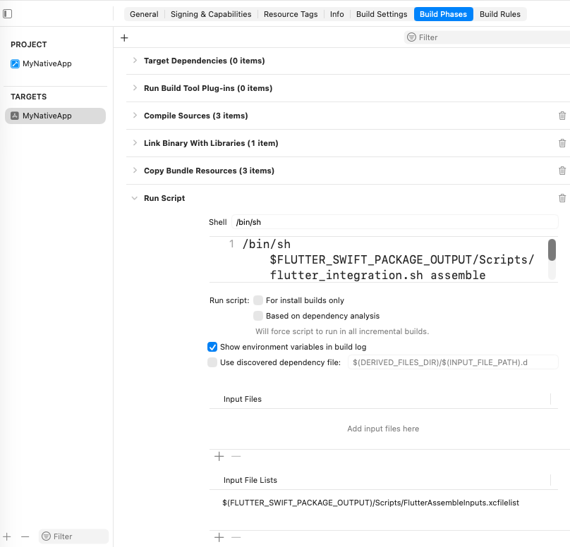 Nueva fase de compilación de script de ejecución bajo Build Phases.