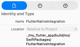 Ubicación relativa de FlutterNativeIntegration mostrada en el inspector de archivos de Xcode.