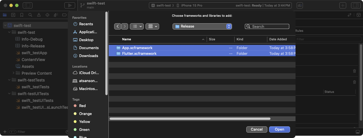 Elegir los frameworks a vincular en el cuadro de diálogo **Choose frameworks and libraries to add:** en Xcode