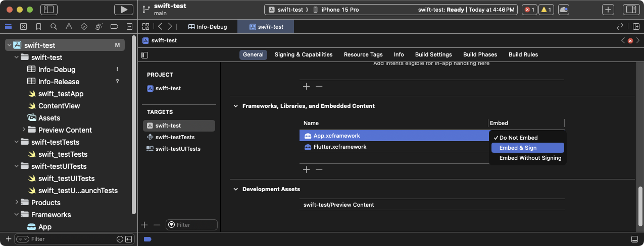 Seleccionar **Embed & Sign** para cada uno de tus frameworks en Xcode