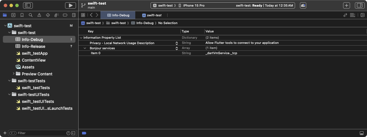 La lista de propiedades `Info-Debug` con las claves **Bonjour Services** y **Privacy - Local Network Usage Description** agregadas.