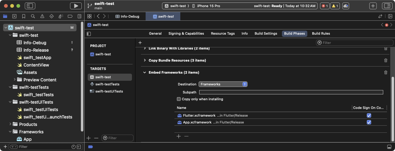 La fase de compilación **Embed Frameworks** expandida en Xcode