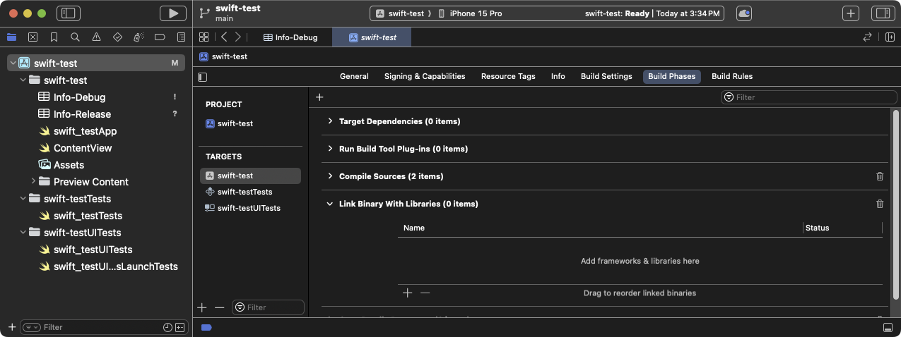 Expandir la fase de compilación **Link Binary With Libraries** en Xcode