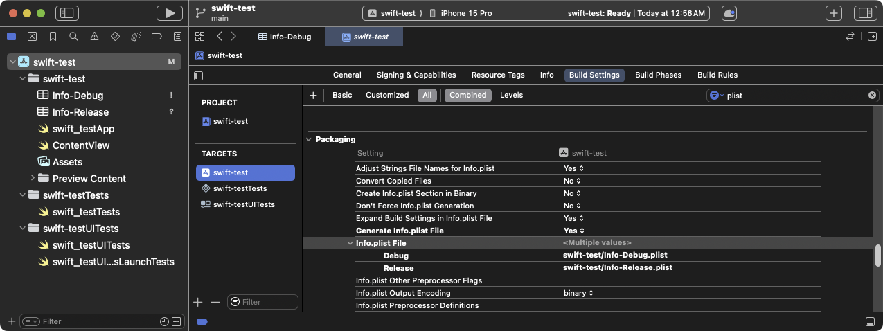 La configuración de compilación **Info.plist File** actualizada que muestra las variaciones de configuración.