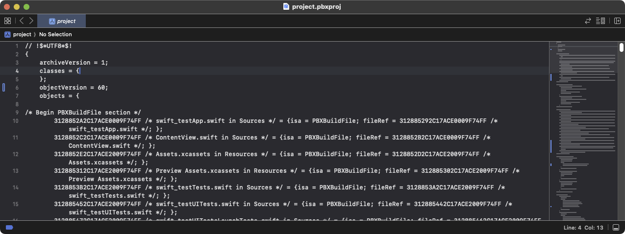 El archivo `project-pbxproj` abierto en el editor de texto de Xcode
