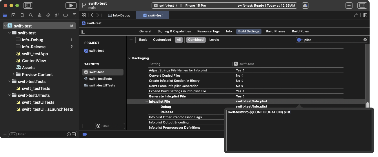 Actualizar la configuración de compilación de `Info.plist` para usar listas de propiedades específicas del modo de compilación.