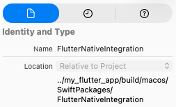 Ubicación relativa de FlutterNativeIntegration mostrada en el inspector de archivos de Xcode.