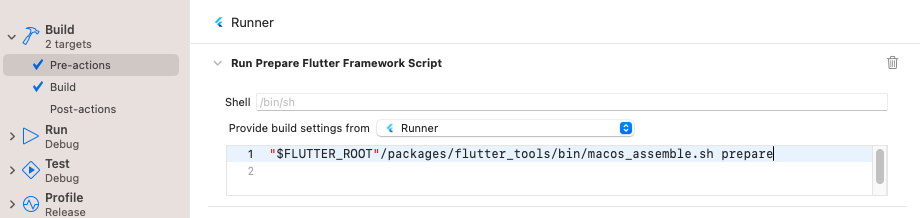 Agregar la preacción de compilación **Run Prepare Flutter Framework Script**