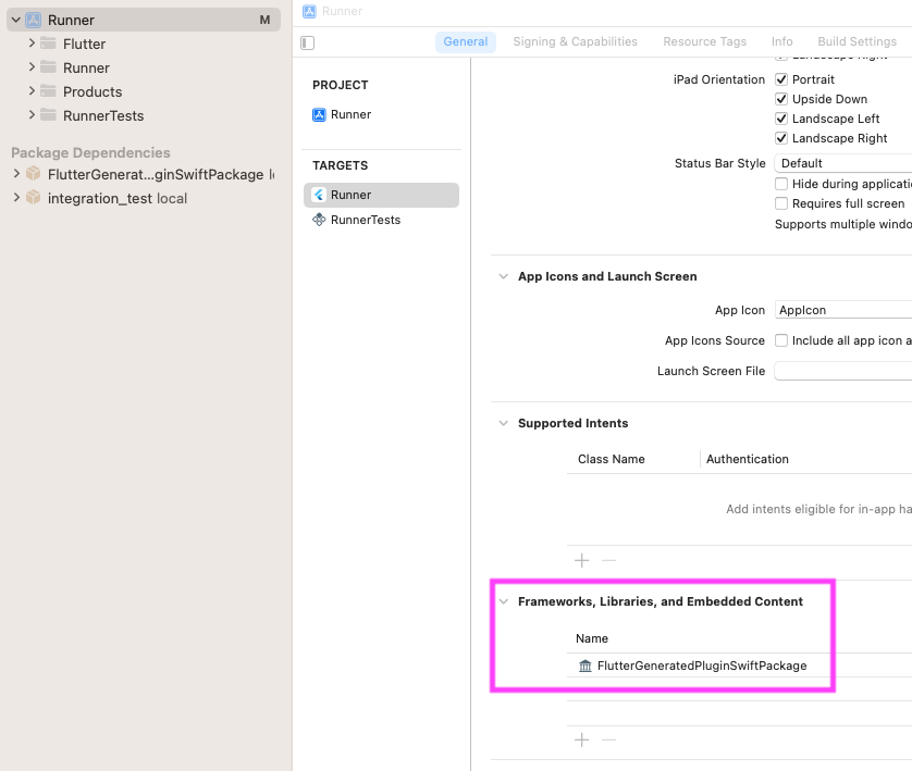 Asegúrate de que `FlutterGeneratedPluginSwiftPackage` se haya agregado a **Frameworks, Libraries, and Embedded Content**