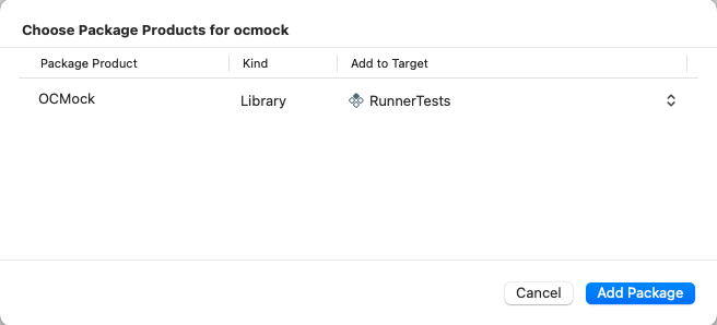 Asegúrate de que la dependencia esté agregada al target `RunnerTests`