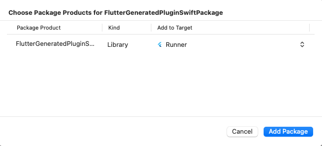 Asegúrate de que el paquete esté agregado al target `Runner`