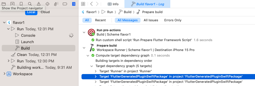 Asegúrate de que **Run Prepare Flutter Framework Script** se ejecute como una preacción