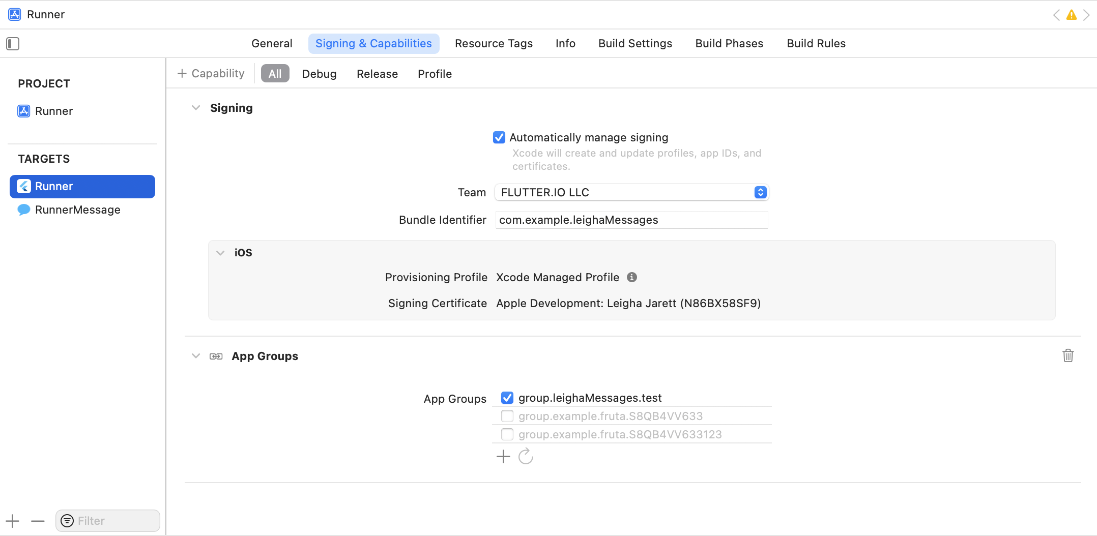 Seleccionar un App Group dentro de una configuración de target de Xcode Runner.
