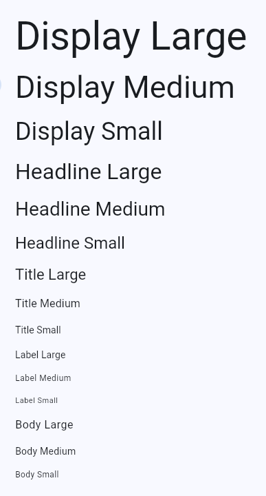 Listado de la escala tipográfica para TextTheme de Material