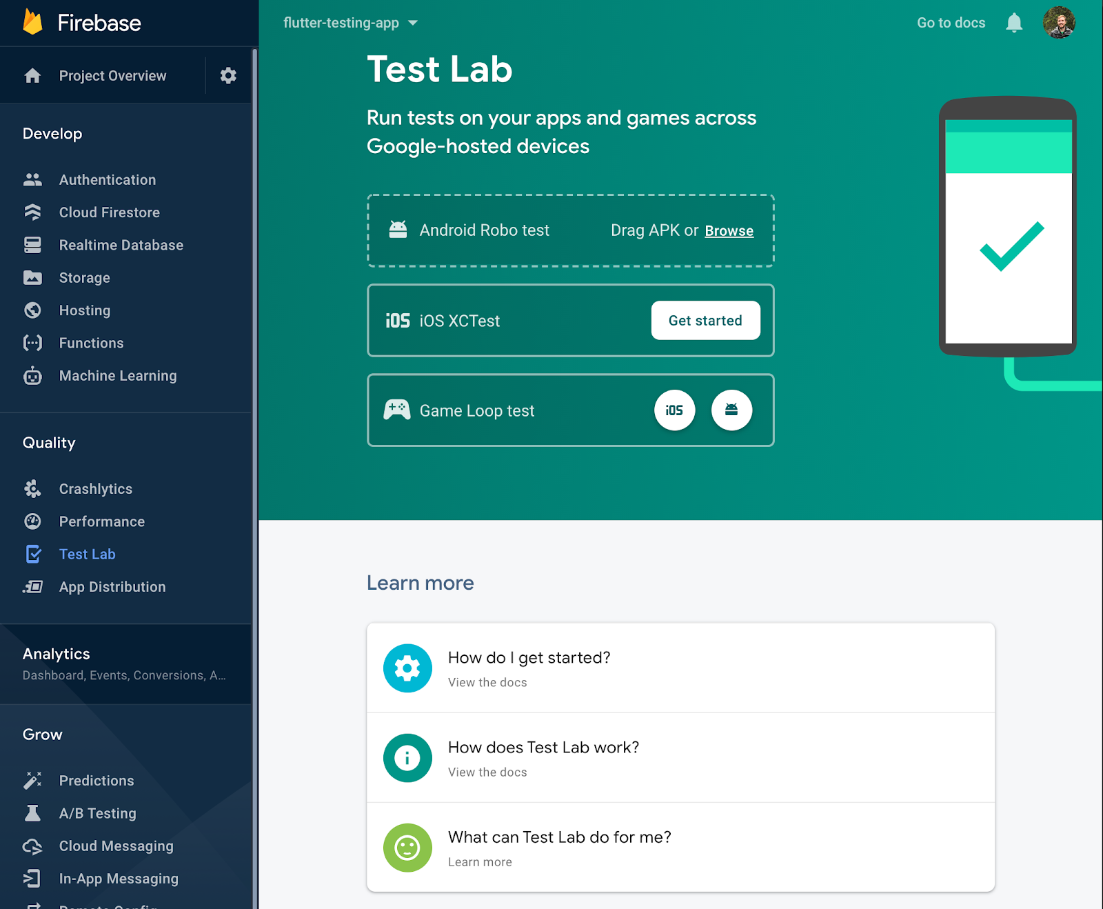 Consola de Firebase Test Lab