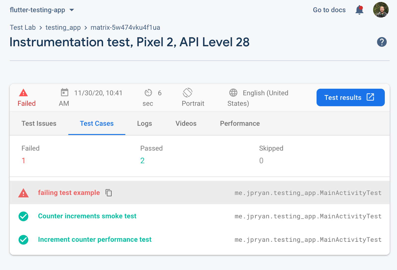 Resultados de la prueba en Firebase Test Lab