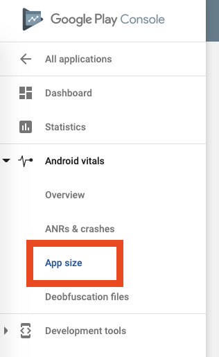 Pestaña de tamaño de la aplicación en Google Play Console