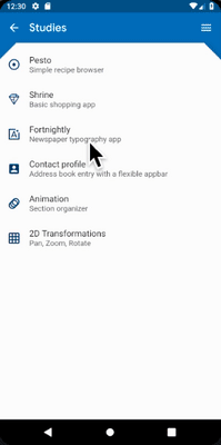 Una transición de página activada por el botón de volver atrás de Android