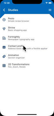 Una animación de la transición de página push de estilo fin-inicio en iOS