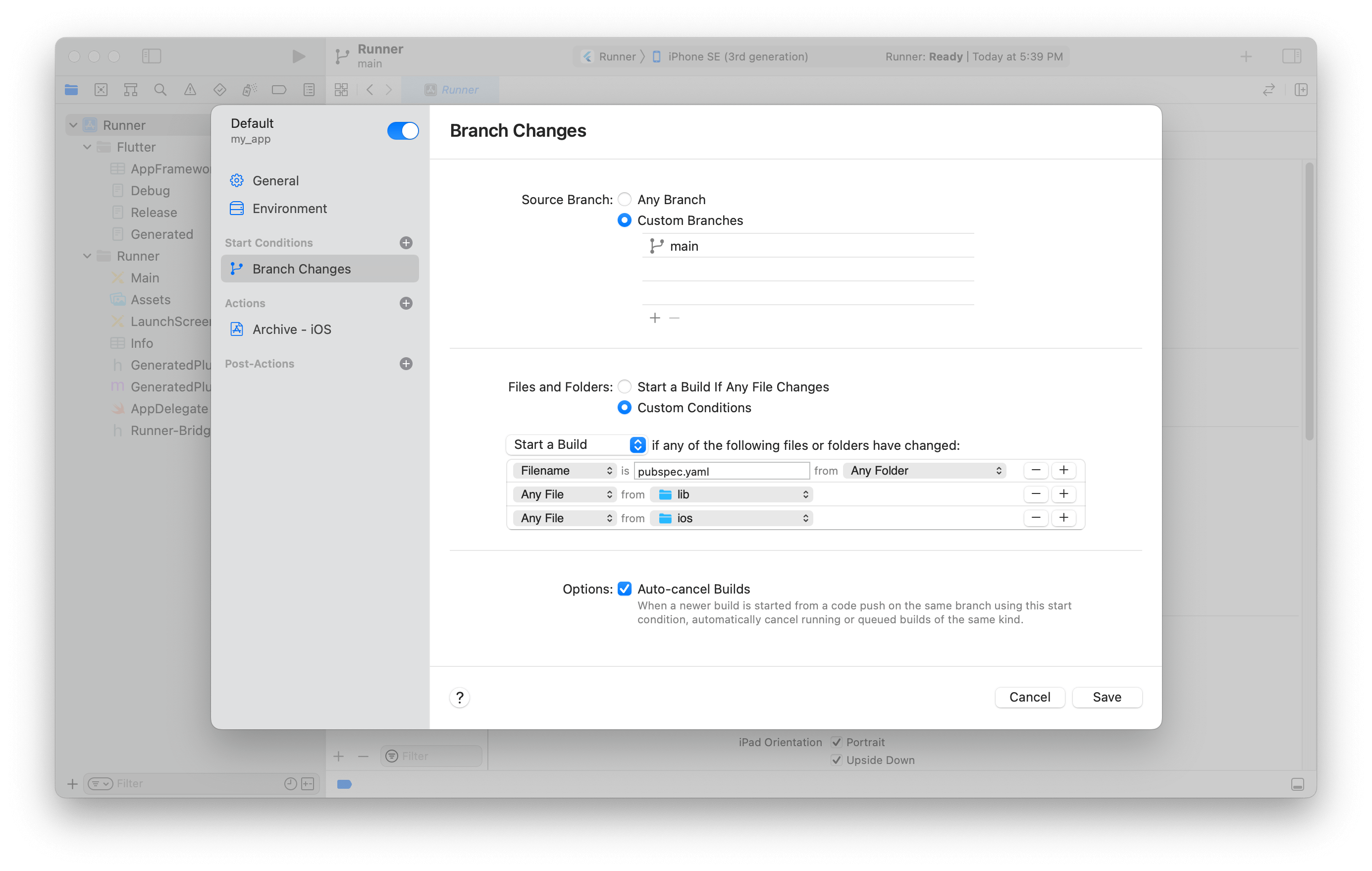 Cambios en las ramas del flujo de trabajo de Xcode