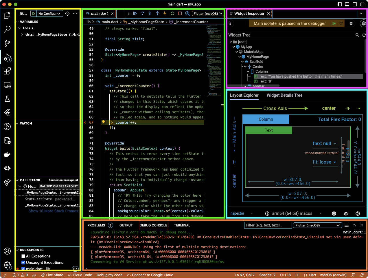 VS Code con las adiciones de interfaz del complemento de Flutter