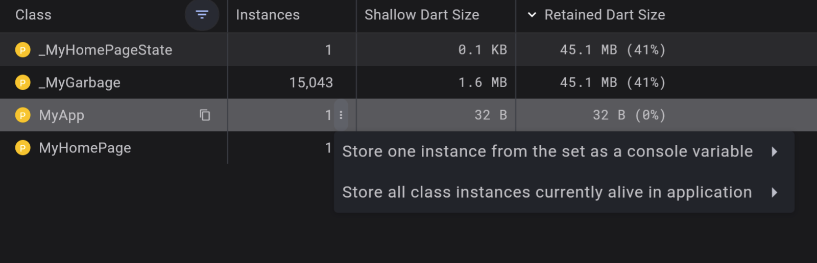 Captura de pantalla que muestra cómo navegar por los heap snapshots