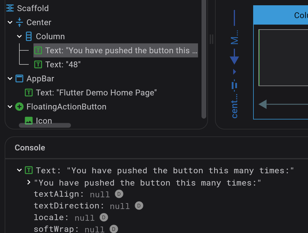 Captura de pantalla del Widget inspeccionado en la vista Console
