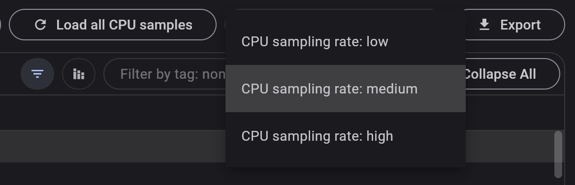 Captura de pantalla del menú de tasa de muestreo de cpu