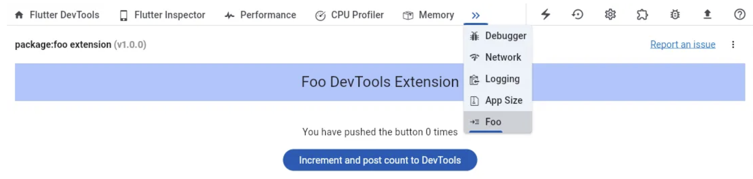 Extensión de DevTools de ejemplo para package:foo