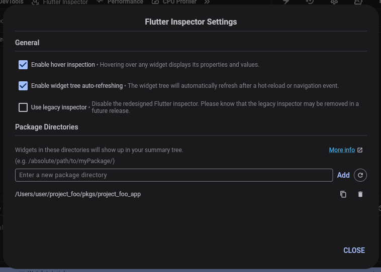 El diálogo de Configuración del Flutter Inspector