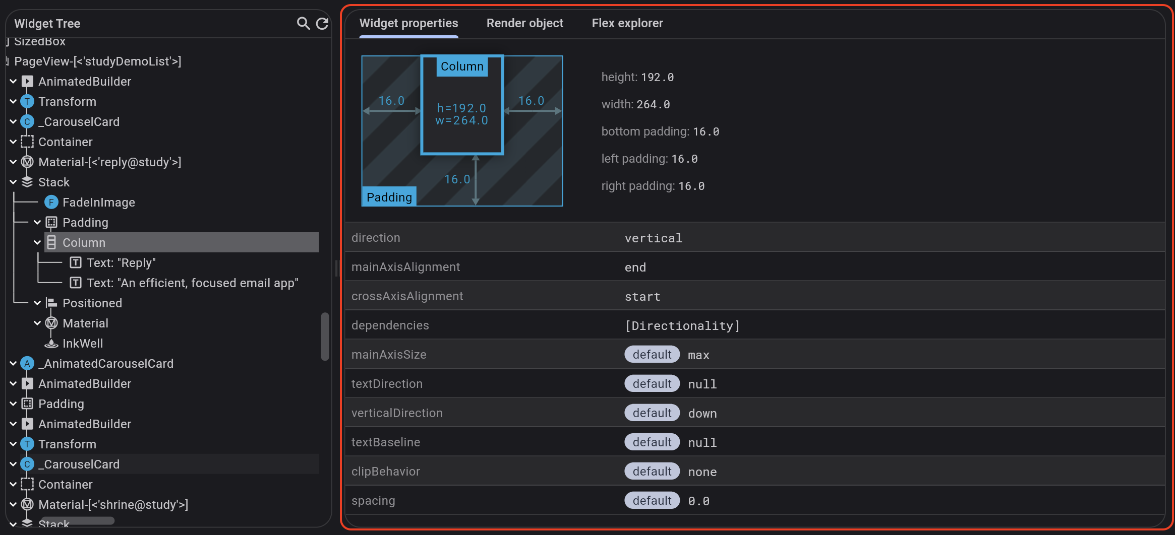 Imagen del Flutter inspector con el Widget Explorer resaltado