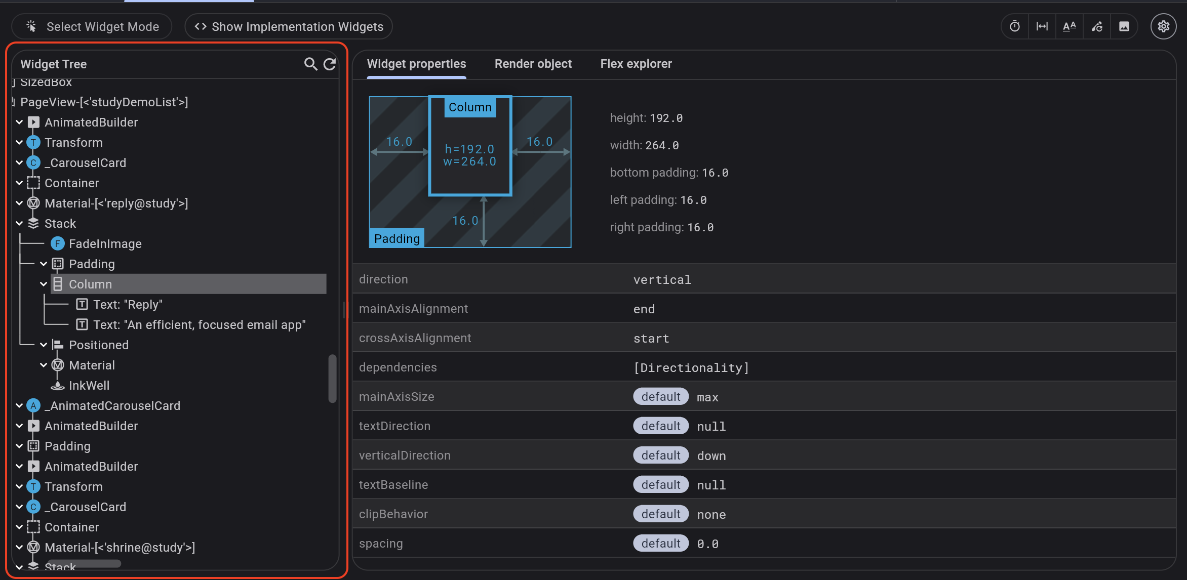 Imagen del Flutter inspector con el Widget Tree resaltado