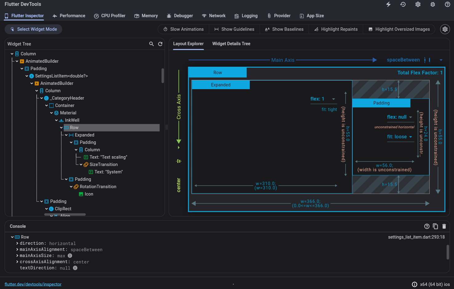 Captura de pantalla de la ventana del inspector legacy de Flutter